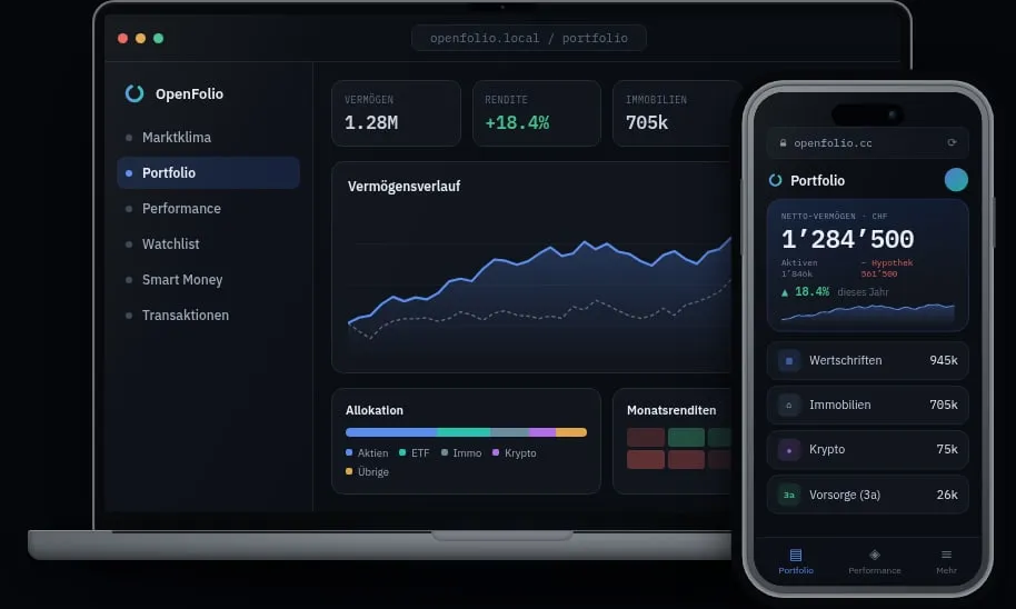 OpenFolio on desktop and phone, portfolio overview with demo data